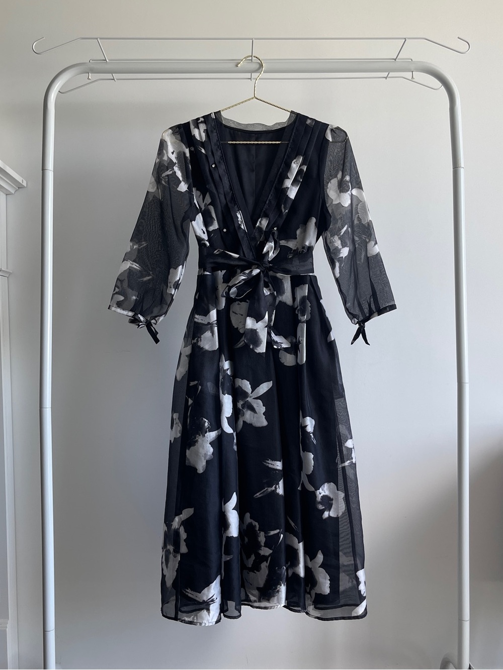 Black And White Floral Midi Wrap Dress